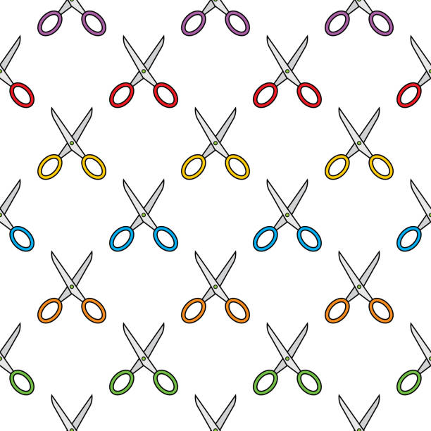Pair Of Scissors Seamless Pattern Vector seamless pattern of colorful pairs of scissors on a white square background. scissors cutting wrapping paper stock illustrations