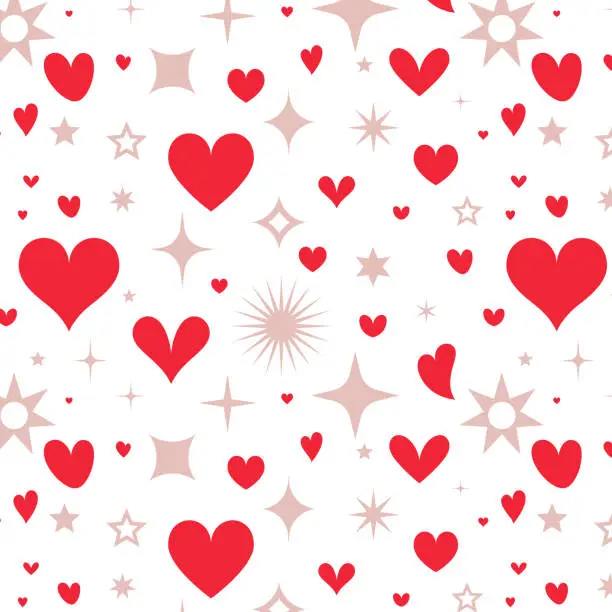 Vector illustration of Seamless pattern with red heart shapes and gold sparkles. Mother's Day, wedding greeting card and Valentine's Day background.