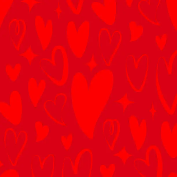 Vector illustration of Heart wallpaper. Hand-drawn doodle style heart icons on red background. Seamless Valentine's Day pattern.