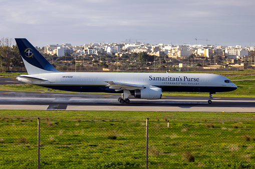 Luqa, Malta - January 16, 2024: Samaritan's Purse Boeing 757-225(PCF) (REG: N783SP) departing after a night stop.
