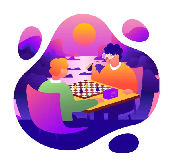 Vector illustration of Two Men Playing Chess, Sunset Chess Harmony, Sunset Chess Duel, Landscape Vector Illustration