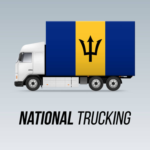 ilustraciones, imágenes clip art, dibujos animados e iconos de stock de national delivery truck - trident barbados flag pride