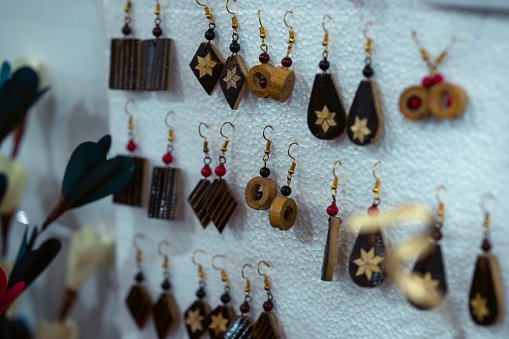 Handmade bamboo earrings Indian handicraft stock photos