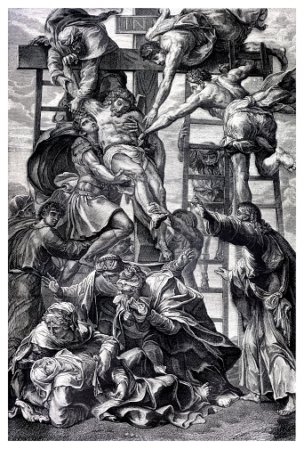 Daniele da Volterra, Descent from the Cross ( c. 1545 )

Daniele Ricciarelli ( c. 1509 – 4 April 1566 ), better known as Daniele da Volterra was a Mannerist Italian painter and sculptor.
Original edition from my own archives
Source : 1863 Correo de Ultramar