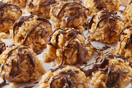 No Bake Peanut Butter, Crispy Rice Drop Cookies with Drizzled Chocolate