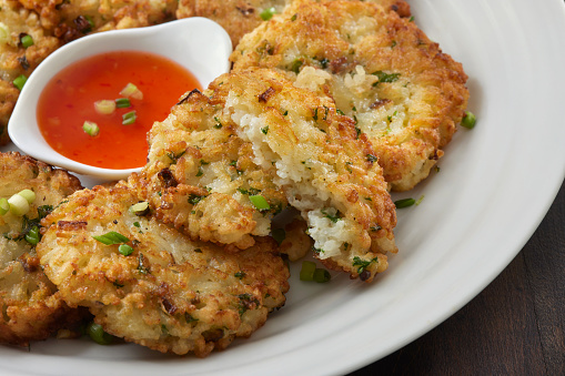 Crispy Rice Fritters with Scallions, Sesame Seeds and Sweet and Sour Dipping Sauce