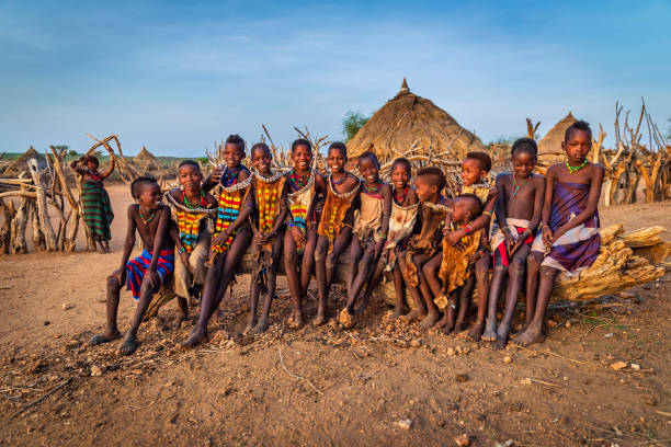 group of children from hamer tribe, ethiopia, africa - hamer ストックフォトと画像