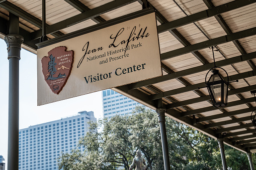 New Orleans, LA - October 18, 2023: Entrance to the National Park Service Jean Lafitte National Historical Park and Preserve Visitor Center on Decatur Street.