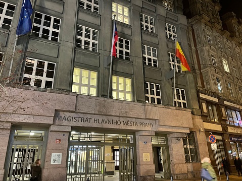 Prague, Czech Republic - January 16, 2024: City Hall Prague (Magistrát Hlavního města Prahy) - Department of Trade Licensing and Civil Law at night.