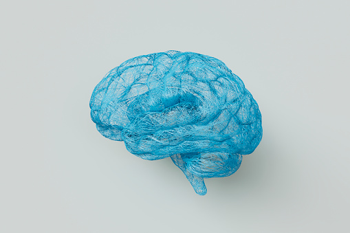 3D human brain made of fine strings representing mental health or complex network of neurons in the brain.