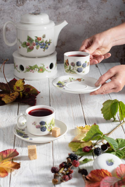 istock fruit tea with ripe blackberries, vintage still life with beautiful retro set 1943177276