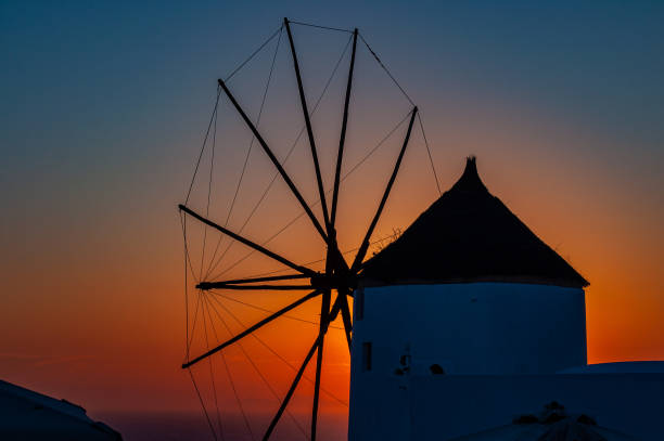 A picturesque scene of a traditional windmill with a red-orange sunset sky in the background, perched atop a building frame in the countryside