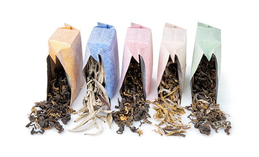 Assortment of various qualities of loose tea, close-up.
