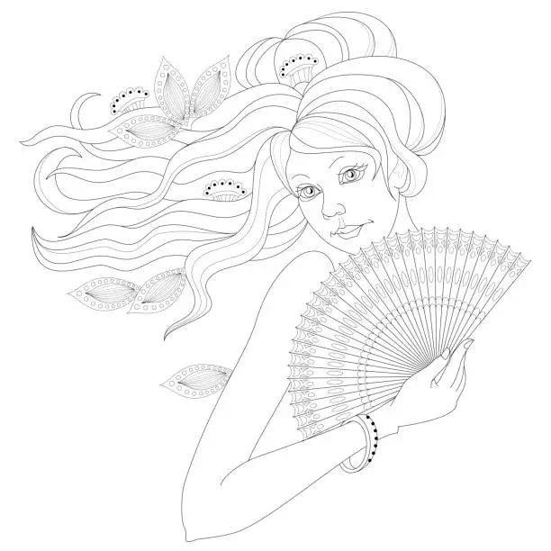 Vector illustration of Black and white page for coloring. Fantasy drawing of lady with fan. Portrait of woman with fashionable hairstyle. Pattern for modern print, embroidery, Henna, Mehndi, tattoo, decoration. Hand-drawn.