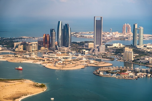 Abu Dhabi, United Arab Emirates January 3rd 2024. Aerial photo of Abu Dhabi cityscape, panorama