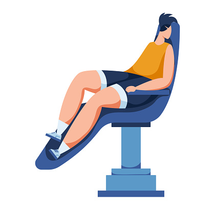 Young woman exercising on leg press machine at gym. Fitness female in sportswear working out, gym training vector illustration. Strength workout and muscle building concept, healthy lifestyle.