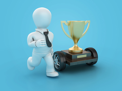 3D Trophy with Wheels and Cartoon Business Character Running - Color Background - 3D Rendering