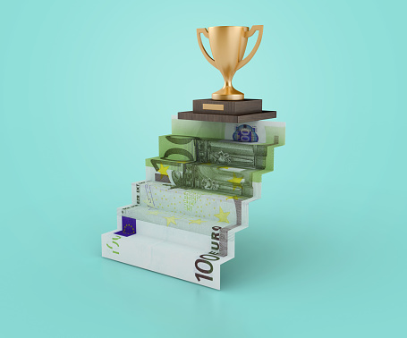 3D Trophy on Euro Bank Note Stair - Color Background - 3D Rendering