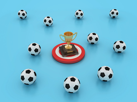 3D Trophy on Target with Soccer Balls - Color Background - 3D Rendering