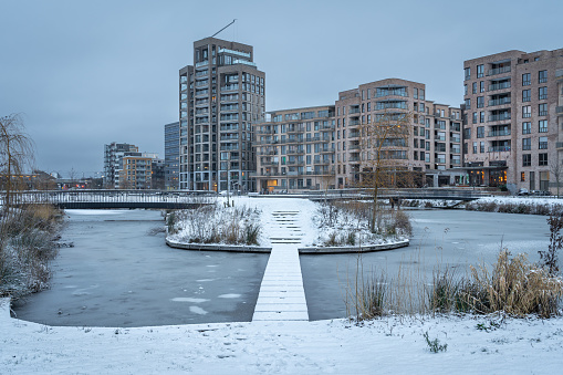 Winter view of Holland Park Diemen, new, modern residential area in The Netherlands