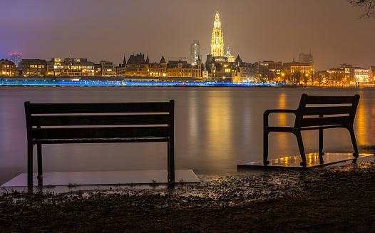 River Scheldt and the skyline of Antwerp at night