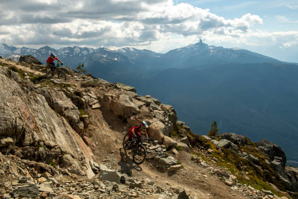istock Friends ride mountain bikes down rocky trail 1943273705