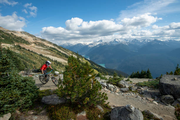 istock Mountain biker rides down rocky trail from mountain 1943276291
