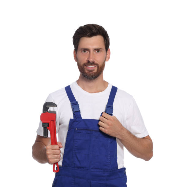 istock Professional plumber with pipe wrench on white background 1943277844
