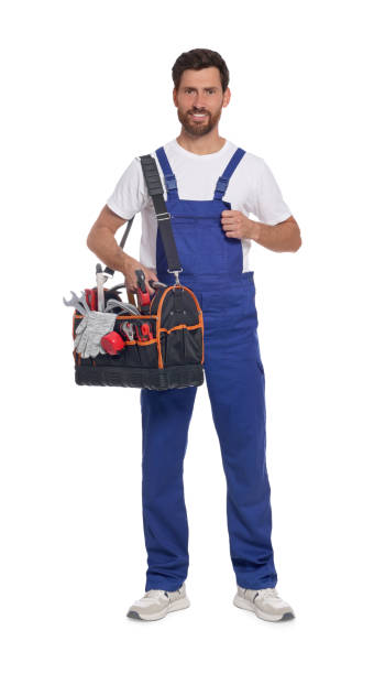 istock Professional plumber with tool bag on white background 1943278358