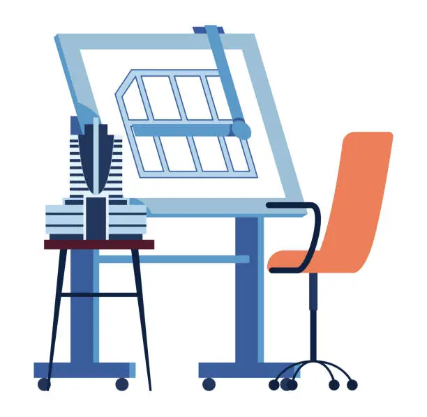 Vector illustration of Architect drawing board with house plan and tools. Modern drafting table, vertical format and orange chair in an office setting. Architecture design workplace vector illustration