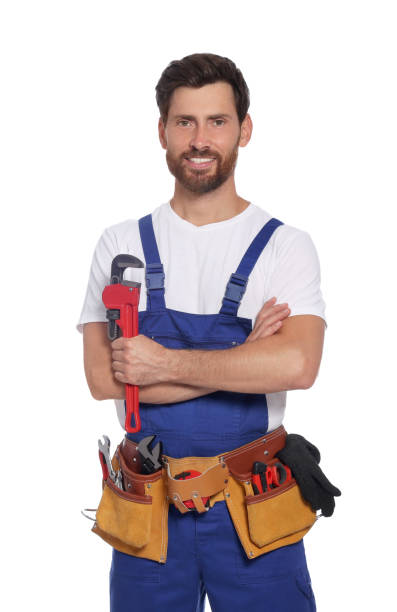 istock Professional plumber with pipe wrench and tool belt on white background 1943278904