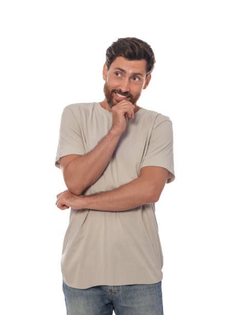 istock Embarrassed man in shirt on white background 1943279988