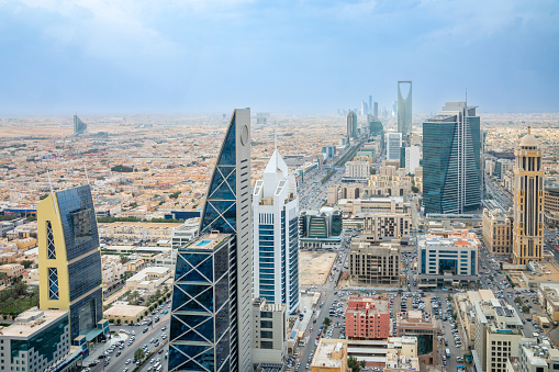 Aerial panorama of downtown of Riyadh city with skyscrapers of Al Olaya central business district, Al Riyadh, Saudi Arabia