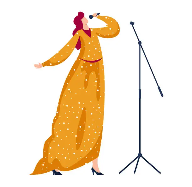 Vector illustration of Woman in yellow dress singing into a microphone on a stand. Female singer performing on stage. Music event, vocalist entertainer vector illustration