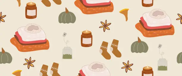 Vector illustration of Vector flat illustration. Seamless background with different autumn things. Ideal for decorating fall festival decorations, invitations, banners, wall decorations and cards.