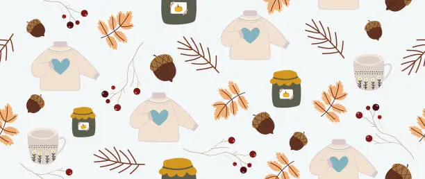 Vector illustration of Vector flat illustration. Seamless background with different autumn things. Ideal for decorating fall festival decorations, invitations, banners, wall decorations and cards.