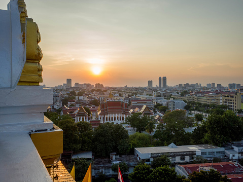 View of Bangkok from the Saket Temple (Golden Mount), from above, at sunset.