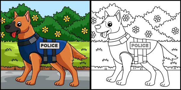 Vector illustration of Police Dog Coloring Page Colored Illustration