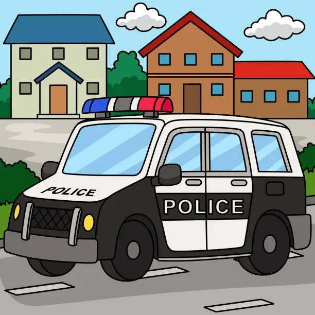 Vector illustration of Police Car Colored Cartoon Illustration