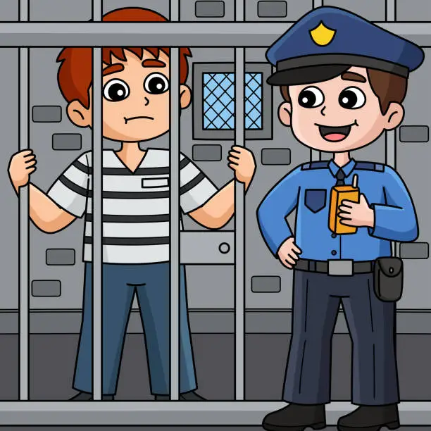 Vector illustration of Police Man and Prisoner Colored Cartoon