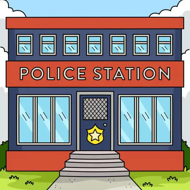 Vector illustration of Police Station Colored Cartoon Illustration