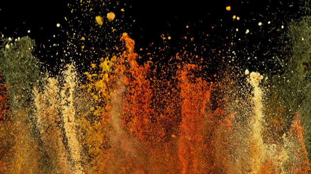 Super Slow Motion Shot of Colorful Explosion of Various Spices on Black Background at 1000fps.