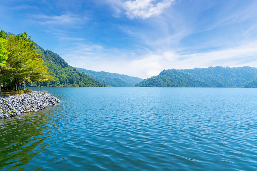 Scenery of Lake and mountain with blue sky.