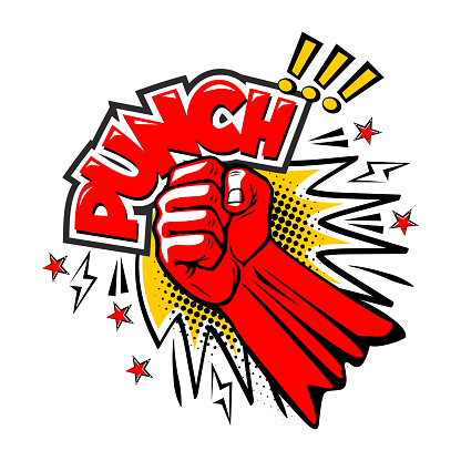 Explosive blow fist, strong punch upward hit, uppercut in comic style. Fist punching, punch strong fist. Vector on transparent background