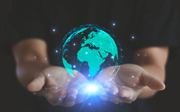 istock Global international business connection. World of data sending telecom network technology, IoT, finance, business, blockchain, security. Businessman holding virtual earth digital communication tech. 1943370134