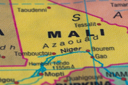 Map view of Mali on a geographical globe