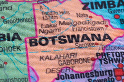 Map view of Botswana on a geographical globe