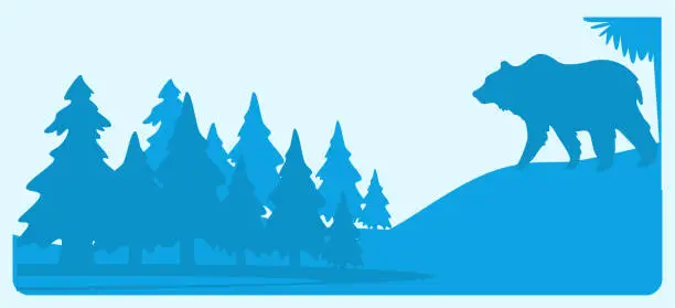 Vector illustration of Silhouette bear walking on hillside with forest background. Wildlife theme with wild bear and pine trees. Nature landscape and animal vector illustration