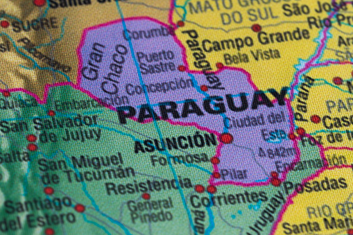 Map view of Paraguay on a geographical globe
