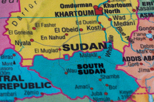 Map view of Sudan on a geographical globe.